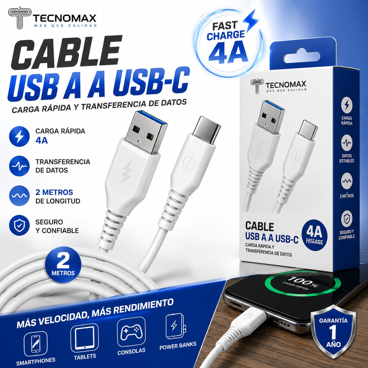 Cable USB Tipo C Premium 2 Metros Carga Rápida 4A Alta Durabilidad